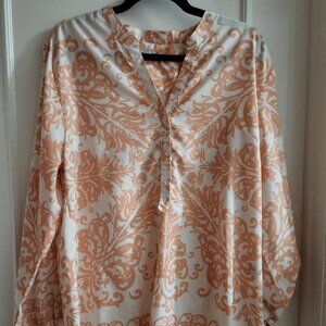 Amanda Blu Peach & White Damask Print Long Sleeve Tunic Blouse - Size XL